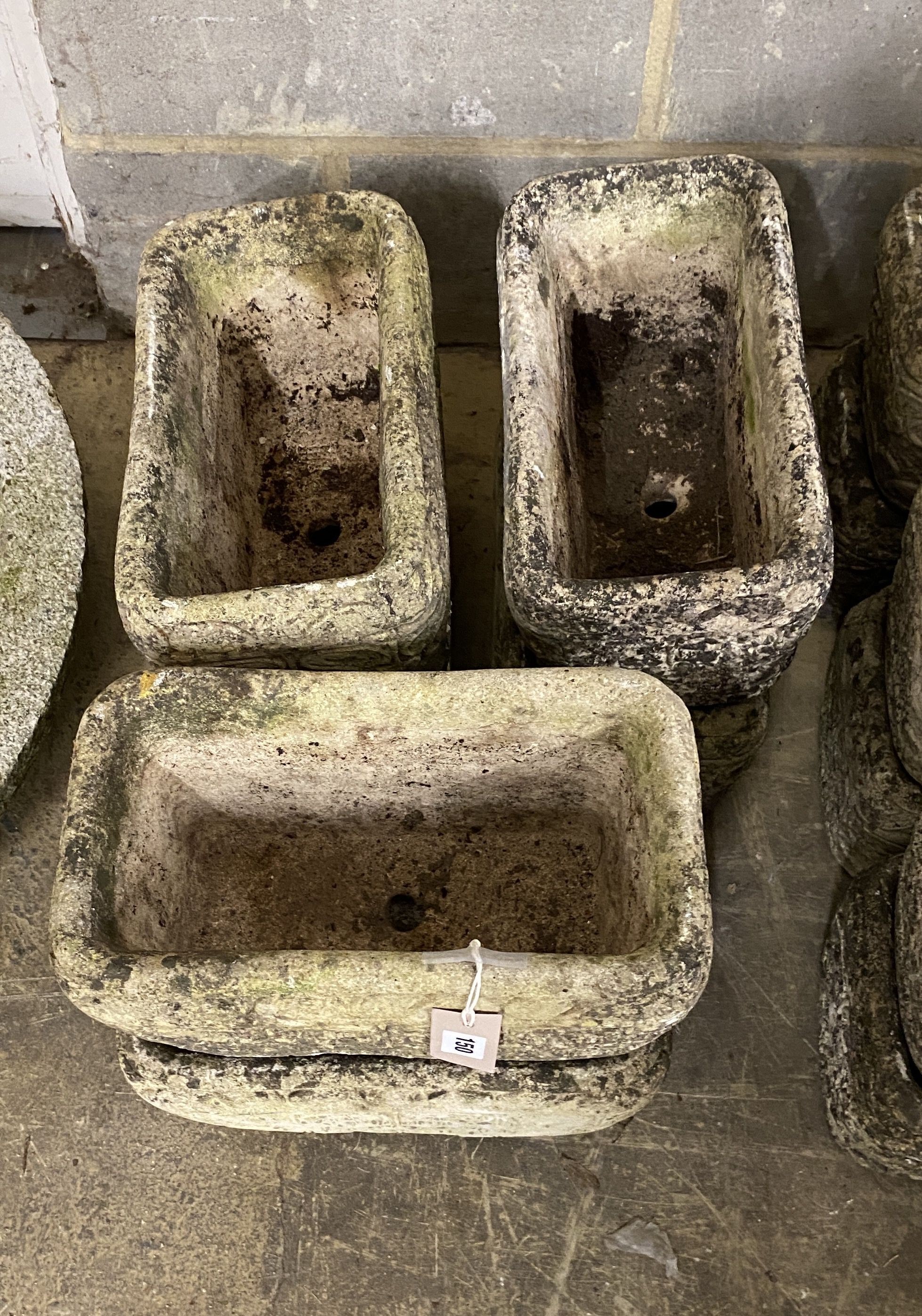 Six rectangular reconstituted stone garden planters, width 34cm, depth 18cm, height 18cm